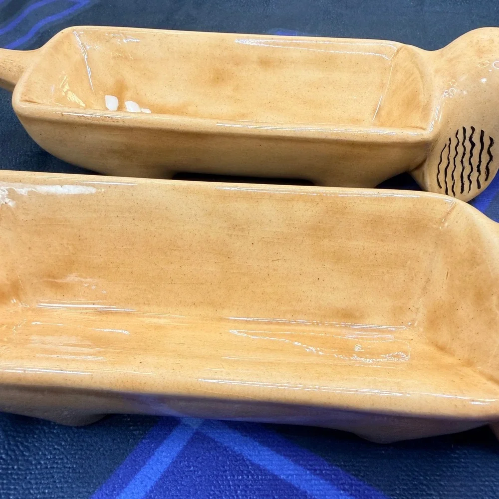 VTG Mid Century Ceramic Dachshund Corn Cob Holders Pair Yellow Wiener Dog Trays
